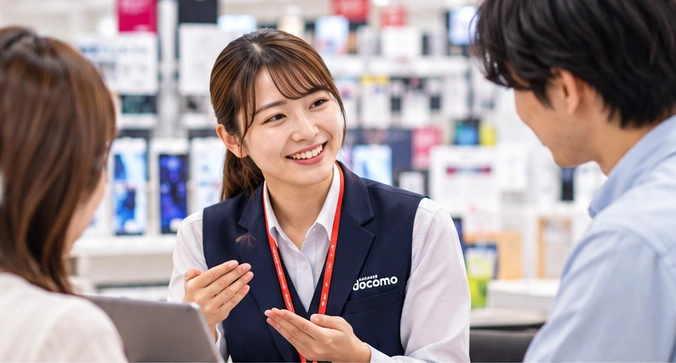 ドコモのスマホ売場で、お客様のお困りごとを笑顔で伺うスタッフの接客イメージ