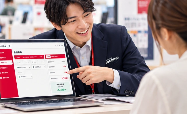 自社開発の料金シミュレータを使い、お客様に料金プランを丁寧に説明するスタッフのイメージ